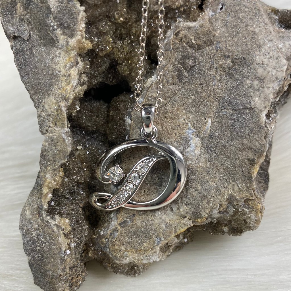D Rhinestone Silver Tone Necklace 16"